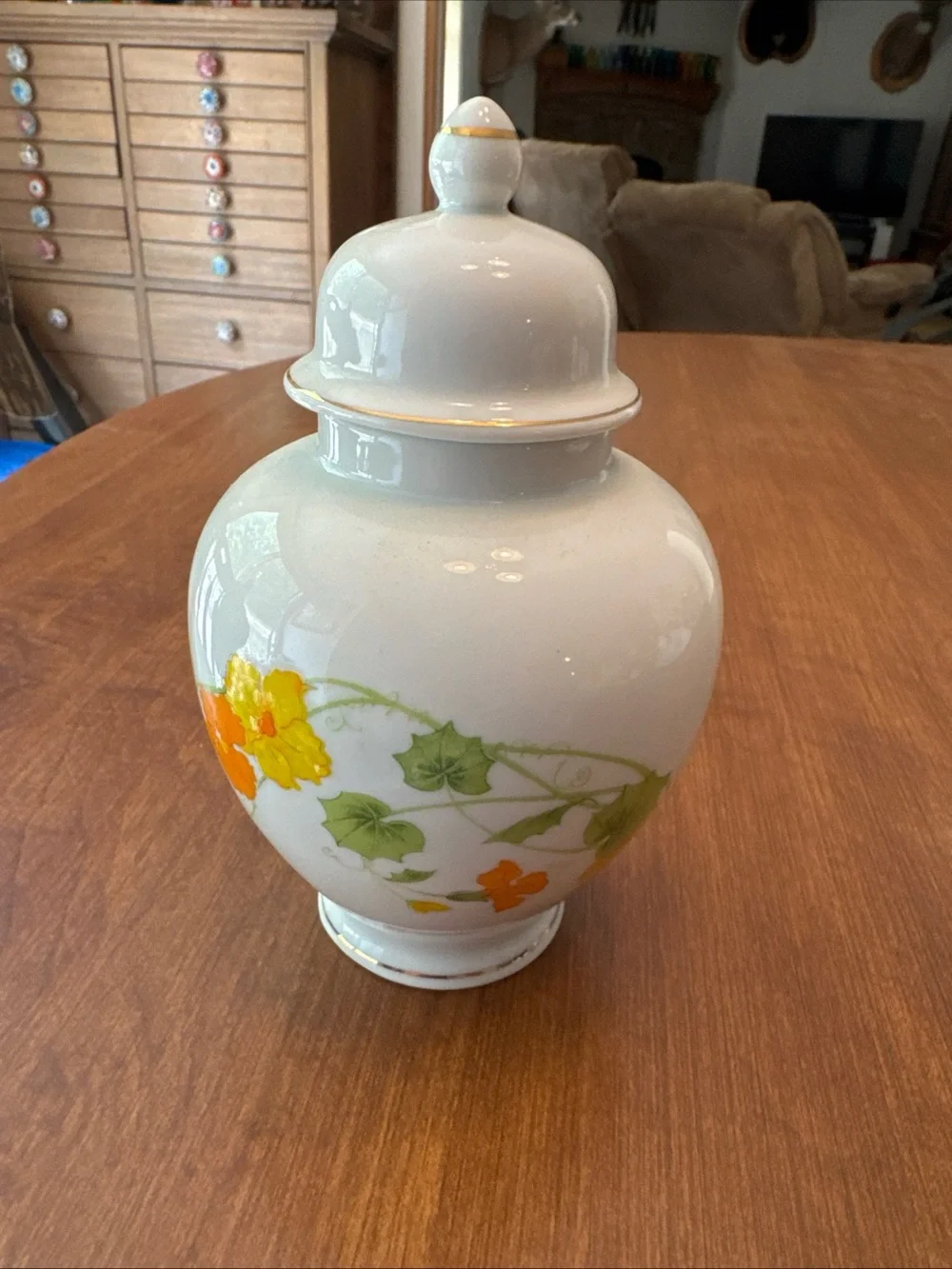 Porcelain Floral Ginger Jar in White with Orange and Green Accents